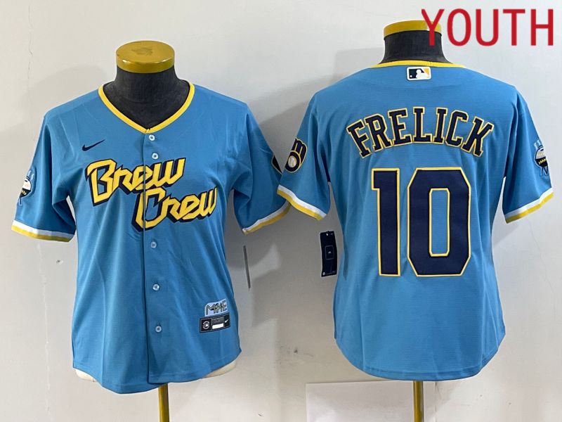 Youth Milwaukee Brewers #10 Frelick Blue City Edition 2024 Nike MLB Jersey style 1